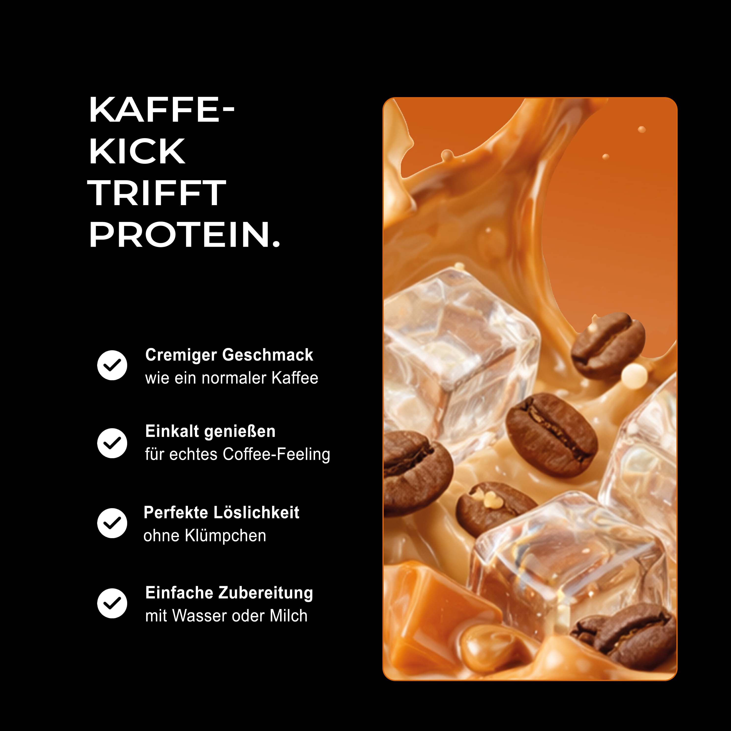 Nahaufnahme von Protein Coffee mit Eiswürfeln, Kaffeebohnen und Karamellstückchen.