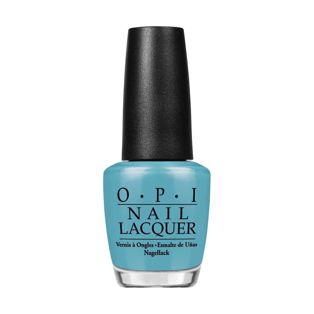 Türkis Nagellackflasche mit schwarzem Deckel. Aufschrift: OPI NAIL LACQUER. Untertitel: Vernis à Ongles, Nagellack.