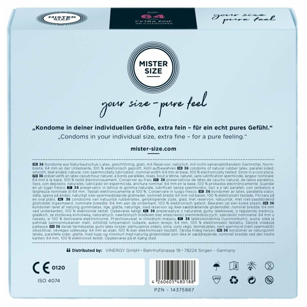 Schachtel mit Kondomen. MISTER SIZE, Größe 64, extrafein. 36 Kondome. Weiß mit schwarzem Streifen.