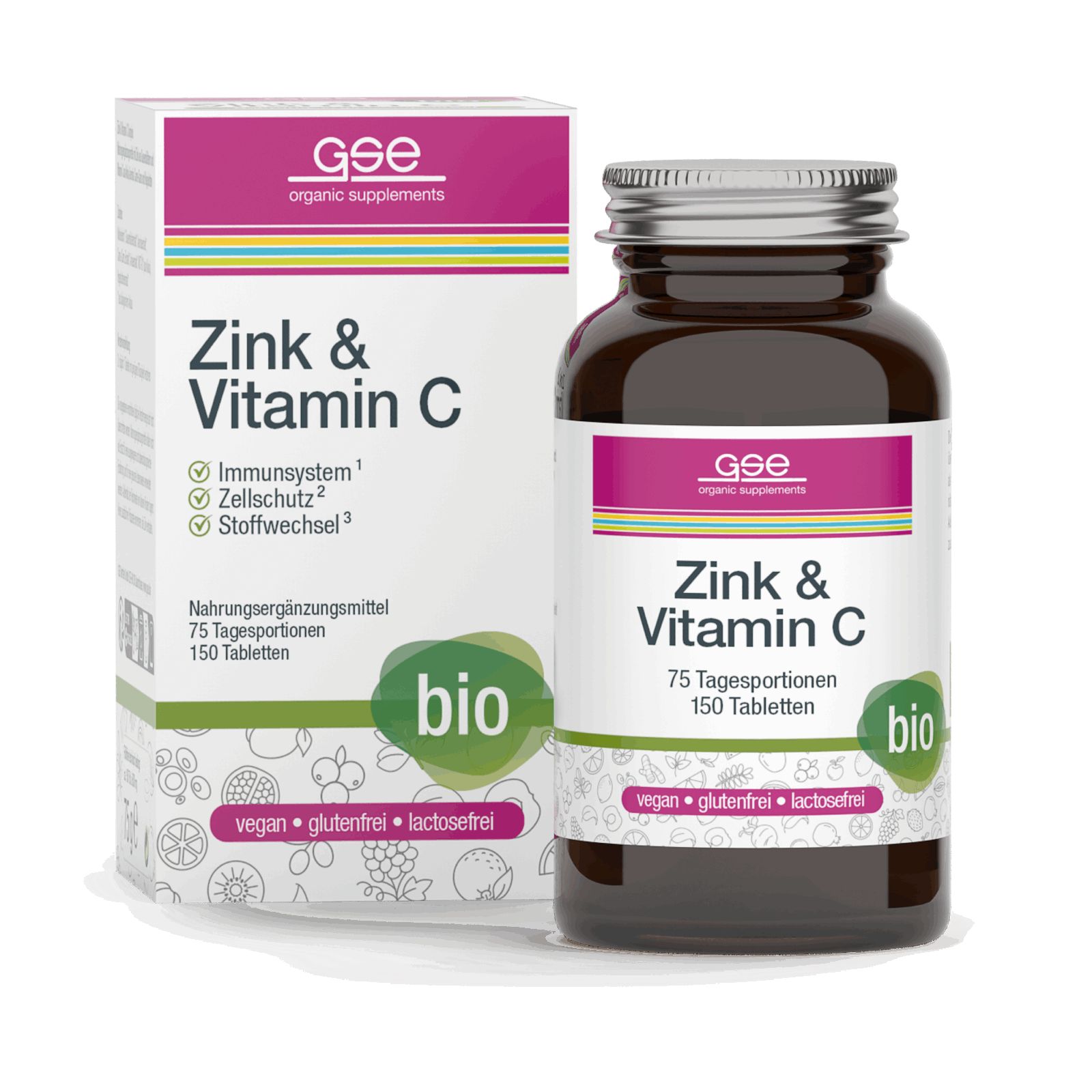 Braune Glasflasche und Karton mit Aufschrift Zink & Vitamin C. Bio-Siegel. 150 Tabletten. Vegan, glutenfrei, laktosefrei.