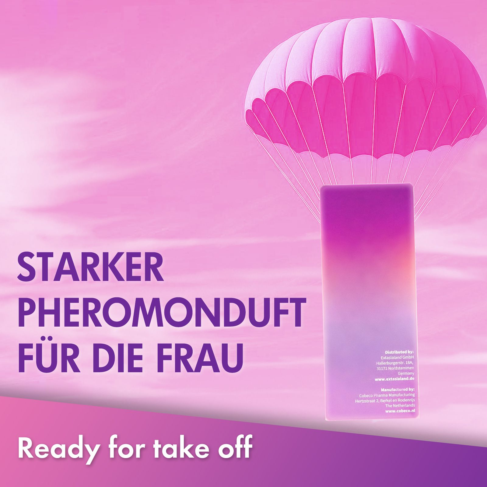 Zwei Personen küssen sich. Parfumflasche mit Produktnamen. Lila Etikett. Hintergrund mit Fallschirm.