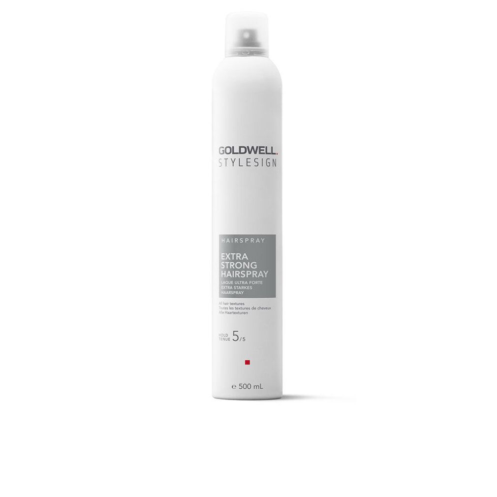 Haarspray-Flasche, weiß, mit Produktbezeichnung und Stärkeangabe. Goldwell Stylesign Extra Starkes Haarspray.