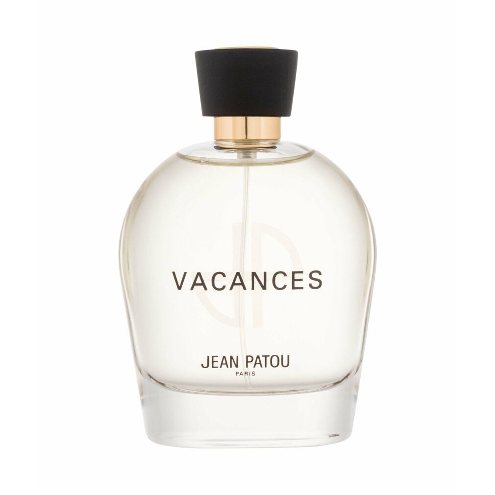 Runder Glasflakon mit schwarzem Deckel. Aufschrift: Vacances, Jean Patou.