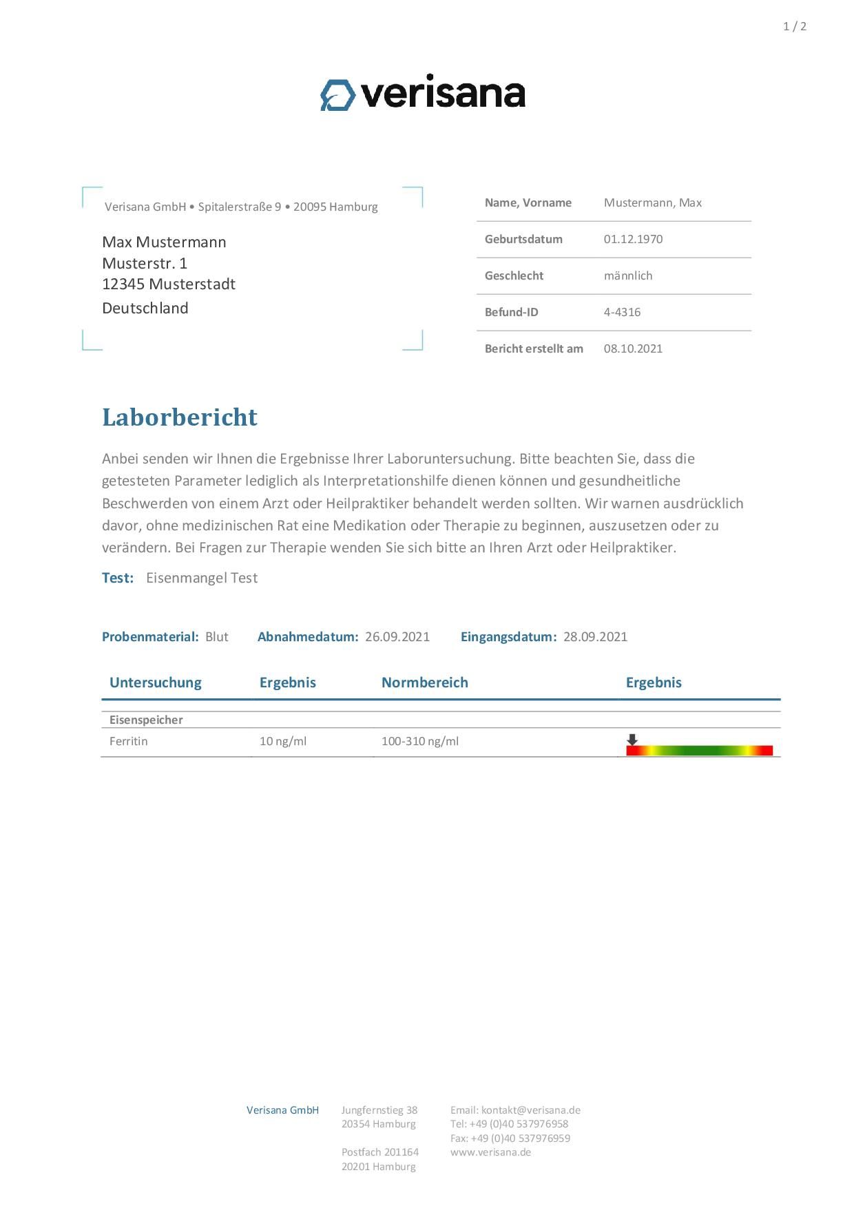 Laborbericht von Verisana. Enthält Patientendaten, Testergebnisse und Referenzbereiche. Ergebnisse für Eisenmangel Test.