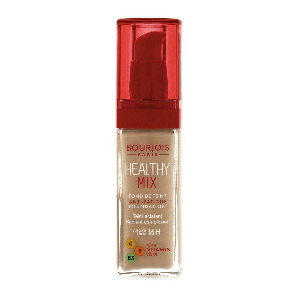 Flüssiges Make-up in einer transparenten Flasche mit rotem Deckel. Aufschrift: Healthy Mix, Anti-Fatigue Foundation. Enthält Vitamine.