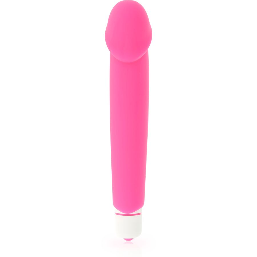 Pinkfarbener Silikon-Vibrator mit weißem Sockel. Auf weißem Hintergrund, vertikale Ausrichtung.