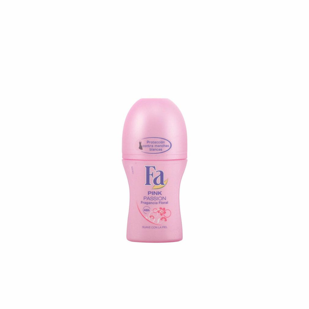 Rosa Roll-on-Deodorant. Rosa Deckel. Aufschrift: Fa Pink Passion, Floral Scent, 48h. Mit „Protezione antimacchia bianca“.