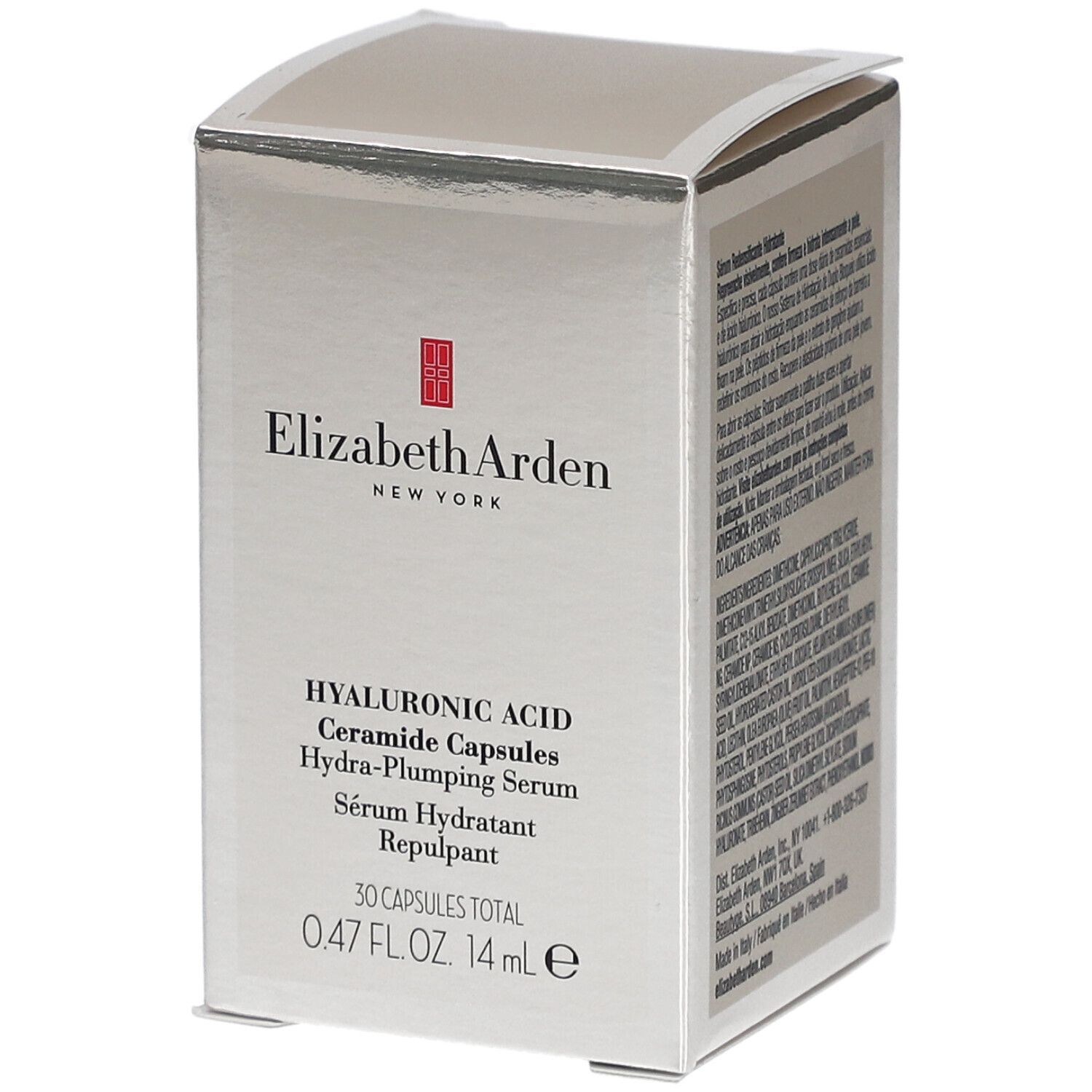Silberfarbene Faltschachtel mit Text. Elizabeth Arden, Hyaluronsäure Ceramide Kapseln. 0.47 FL.OZ. 14 ml.