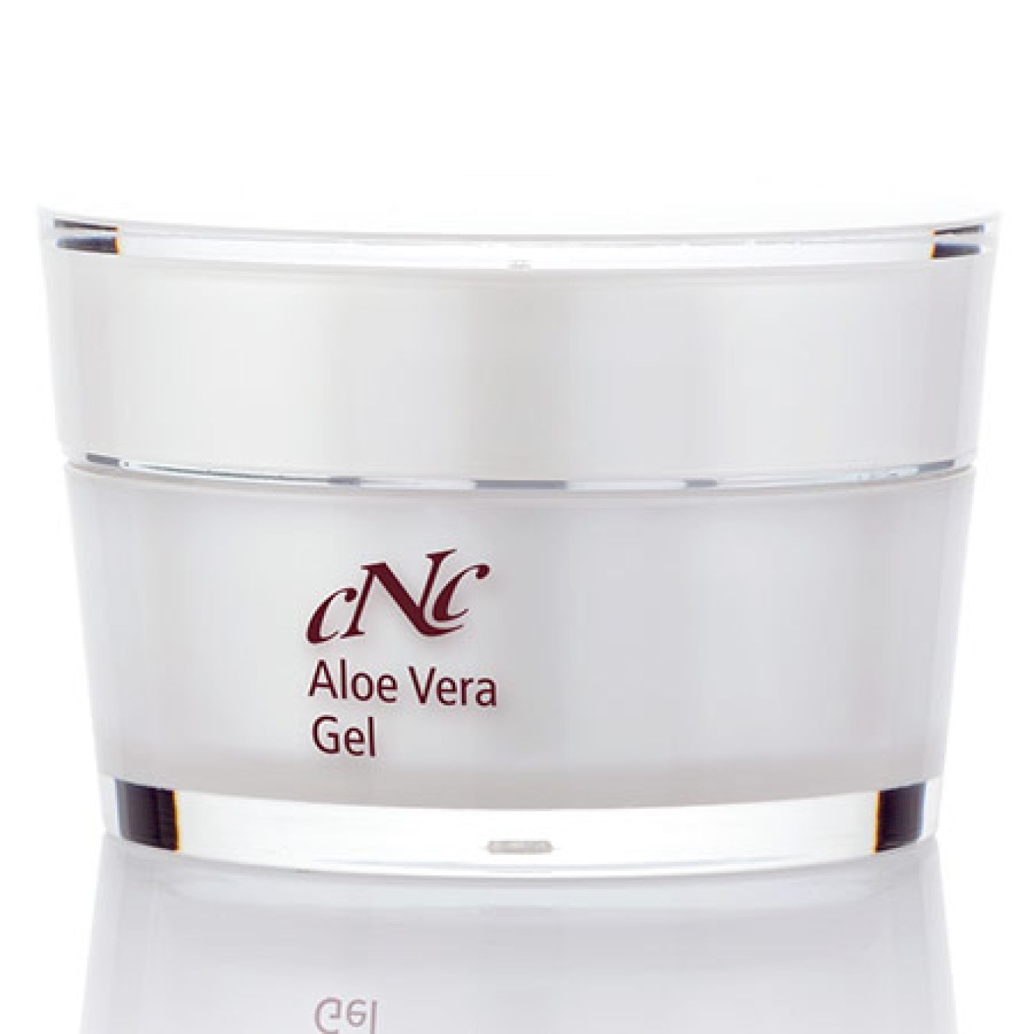 Behälter mit Aloe Vera Gel. Weißes Glas, durchsichtiger Boden, Schriftzug CNC und Aloe Vera Gel.