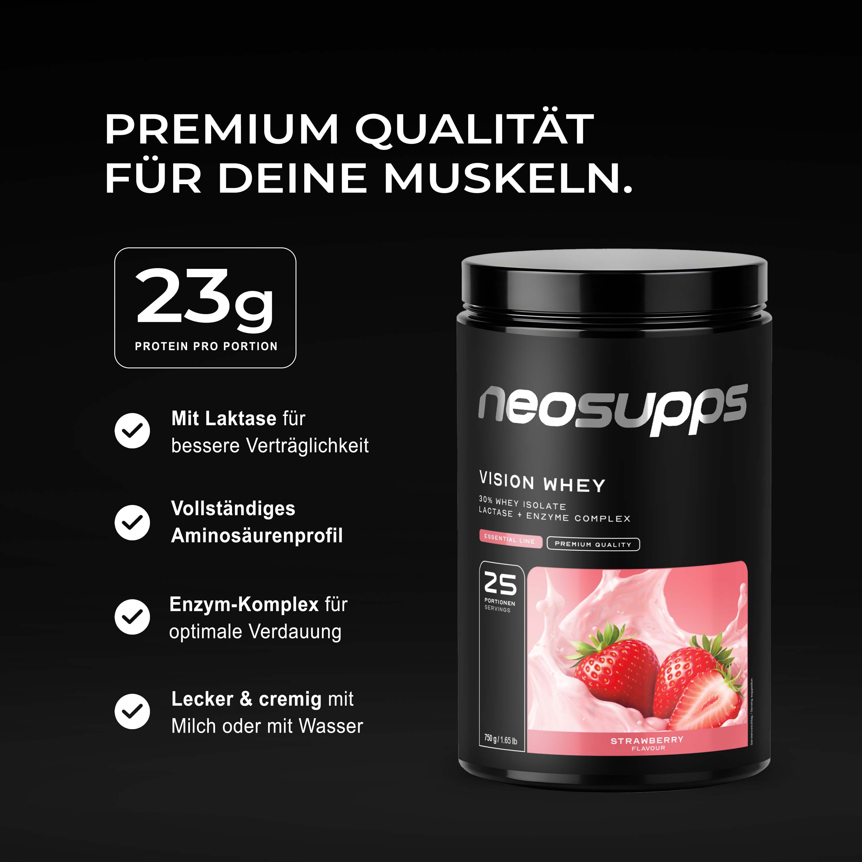 Neosupps Vision Whey Protein Erdbeergeschmack: Schwarzer Behälter mit Erdbeerabbildung, "23g Protein" und Hinweisen zu Laktase und Enzymkomplex.