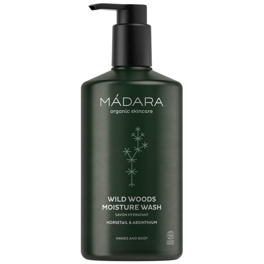 Grüne Flasche mit schwarzem Pumpkopf. Aufschrift: MÁDARA, WILD WOODS MOISTURE WASH, Hands and Body. Mit Zertifizierungslogo.