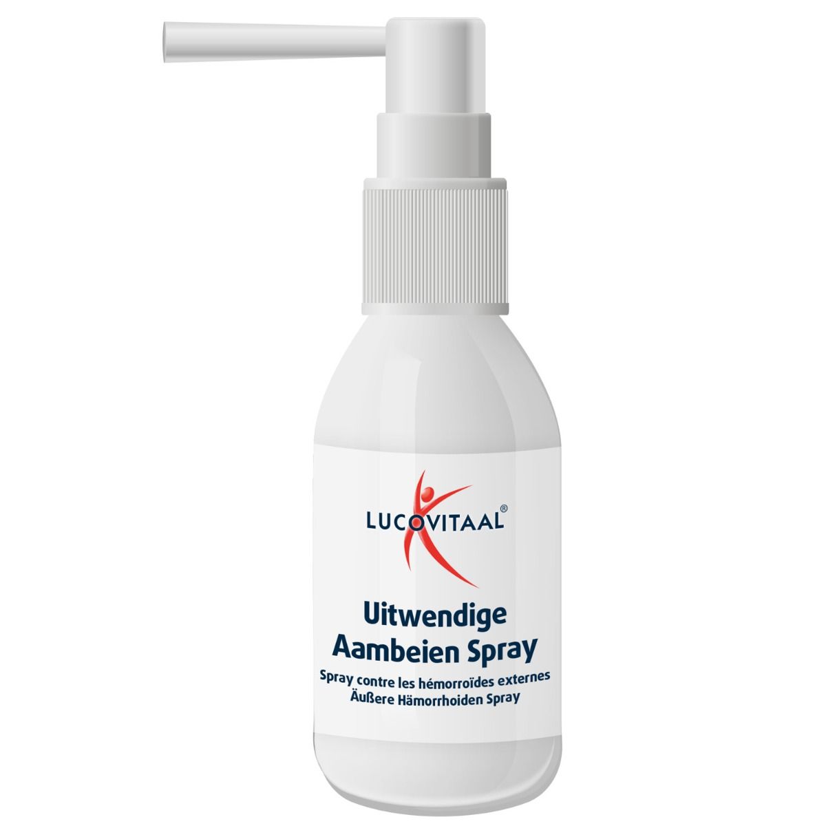 Witte sprayfles met rood logo en tekst. Opschrift: Uitwendige Aambeien Spray. Met sproeikop.