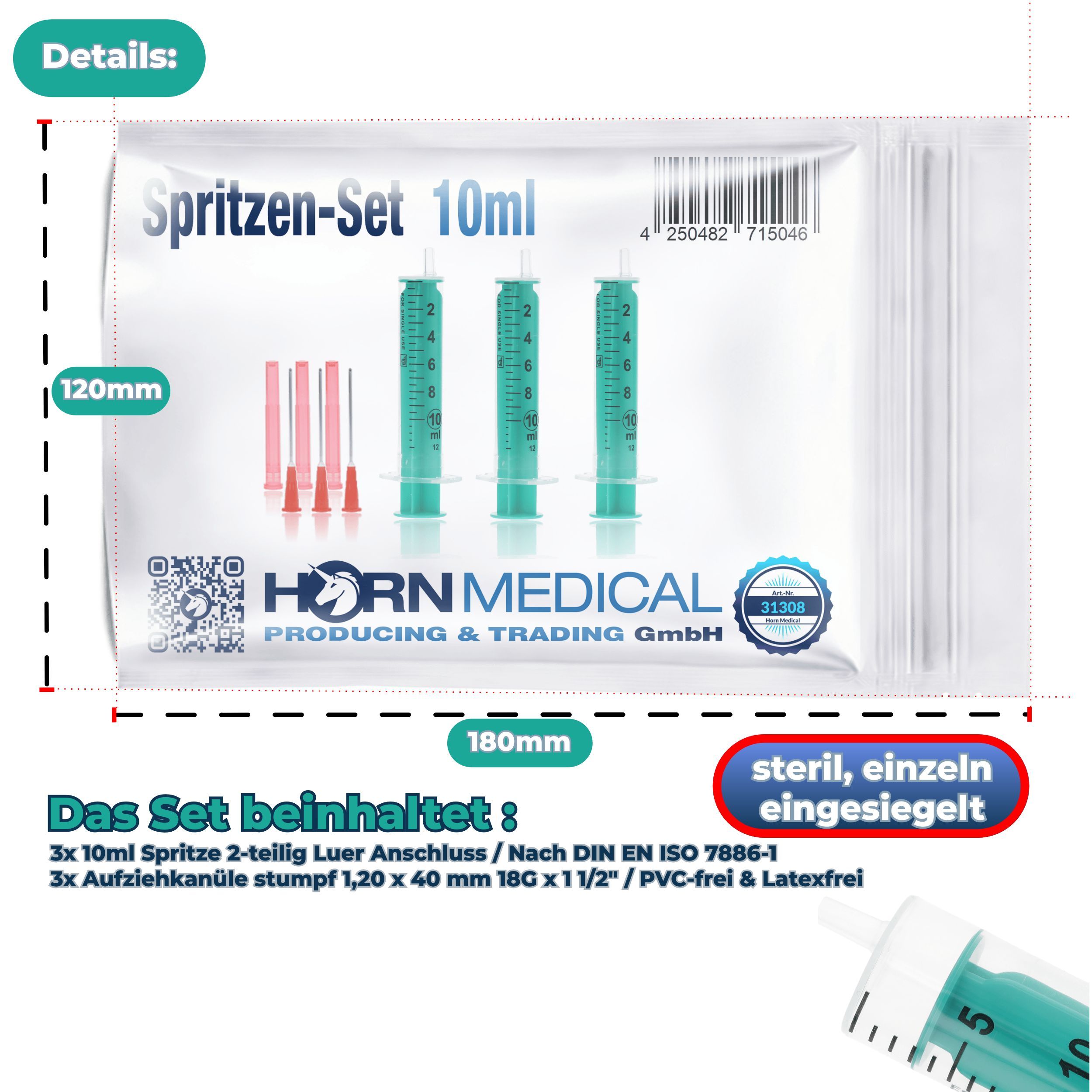 Verpackung mit Spritzen-Set 10ml. Enthält: 3 Spritzen, 3 Aufziehkanülen. Text: steril, einzeln eingeschweißt. Marke: HORN MEDICAL.