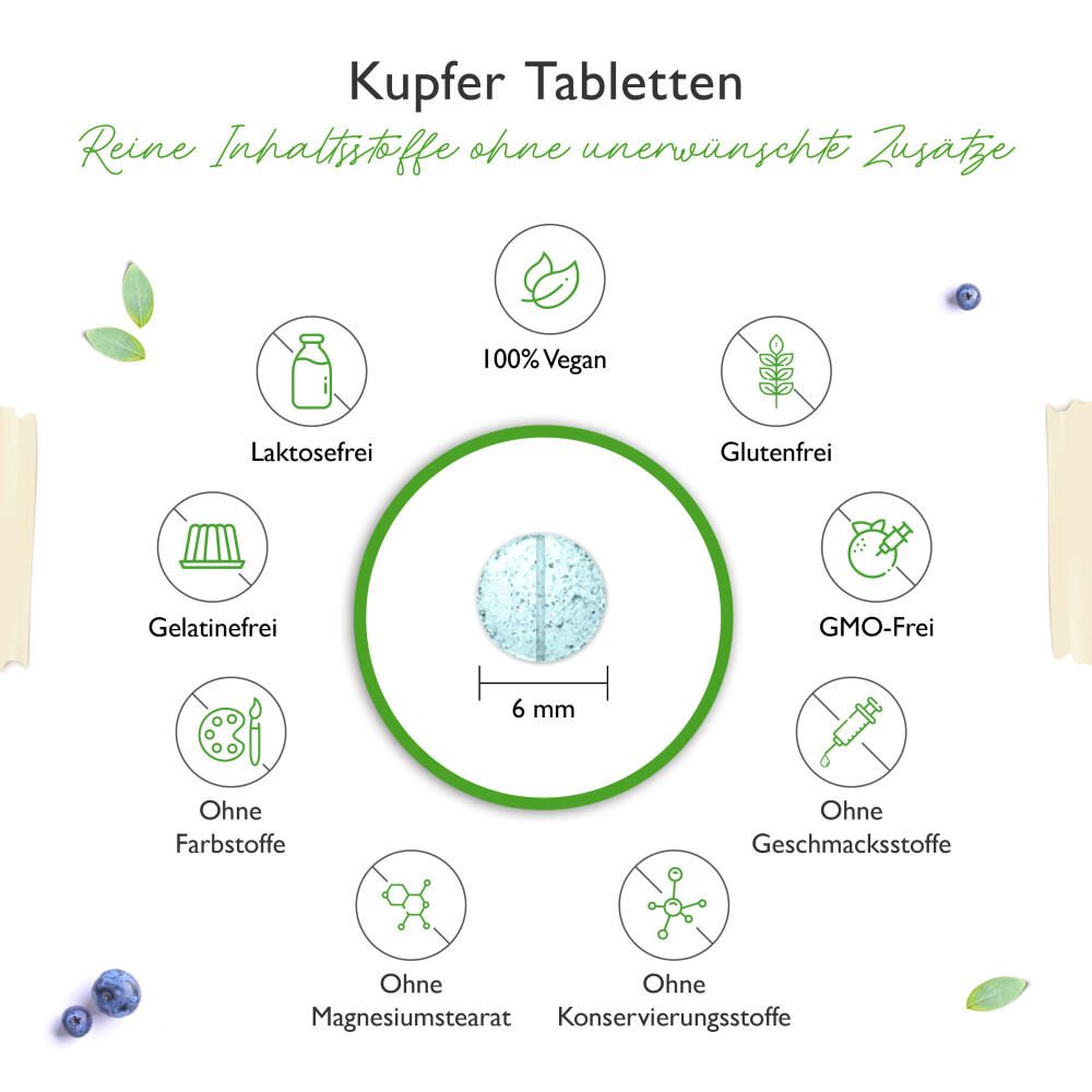 Blaue Tablette, 6 mm Durchmesser, umgeben von Icons: vegan, laktosefrei, glutenfrei, ohne Farbstoffe, ohne Geschmacksstoffe, GMO-frei.