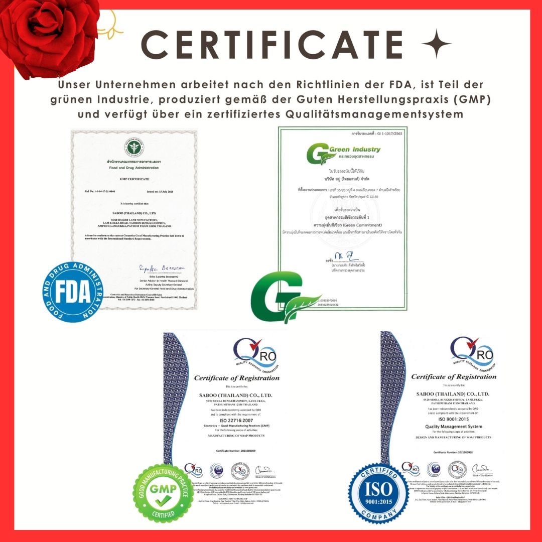 Zertifikate und Logos. Text: FDA, Green Industry, GMP, ISO 9001, QRO.