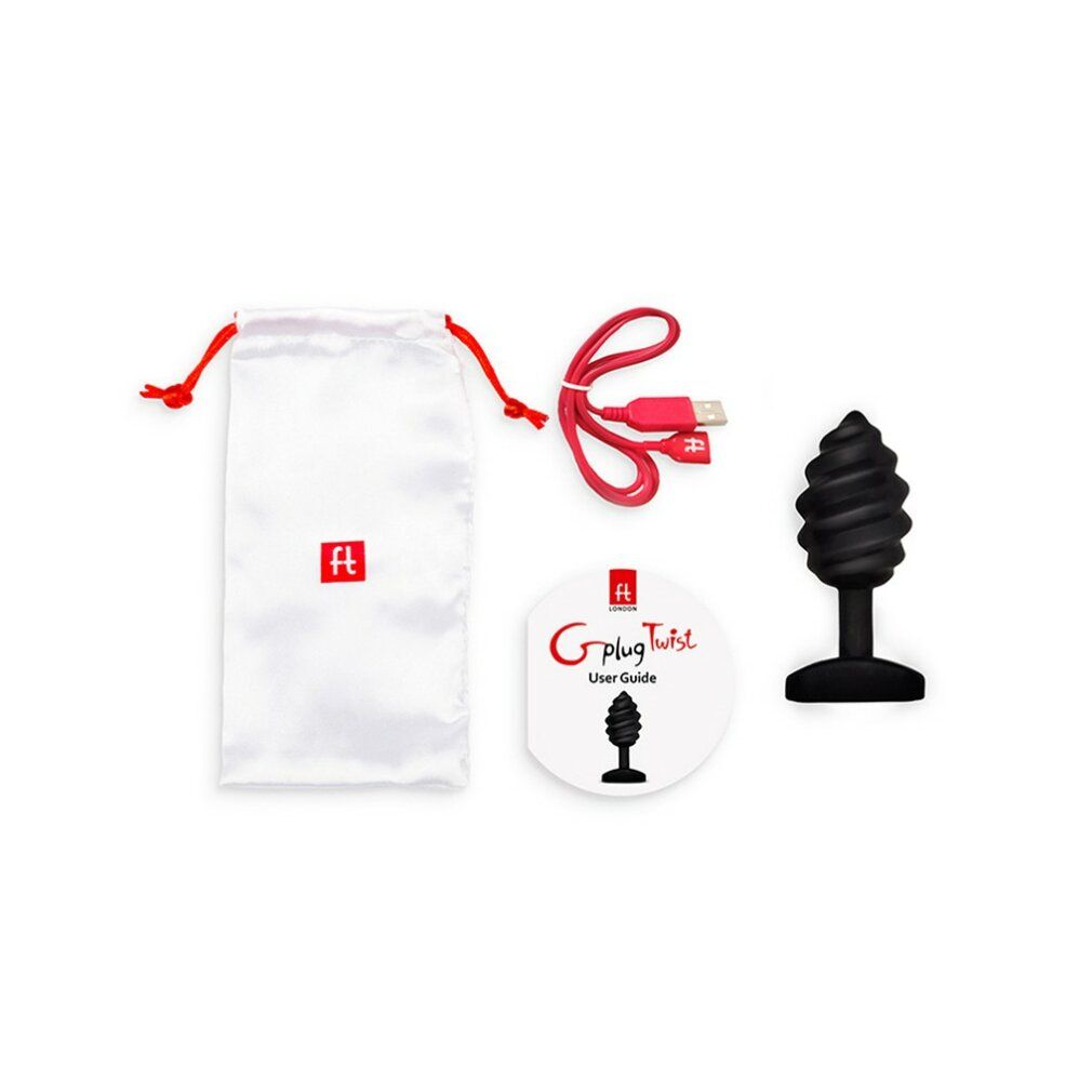 Schwarzer Plug mit spiralförmiger Spitze, weißer Beutel mit Logo, USB-Kabel und Bedienungsanleitung. Alle Artikel liegen auf weißem Untergrund.