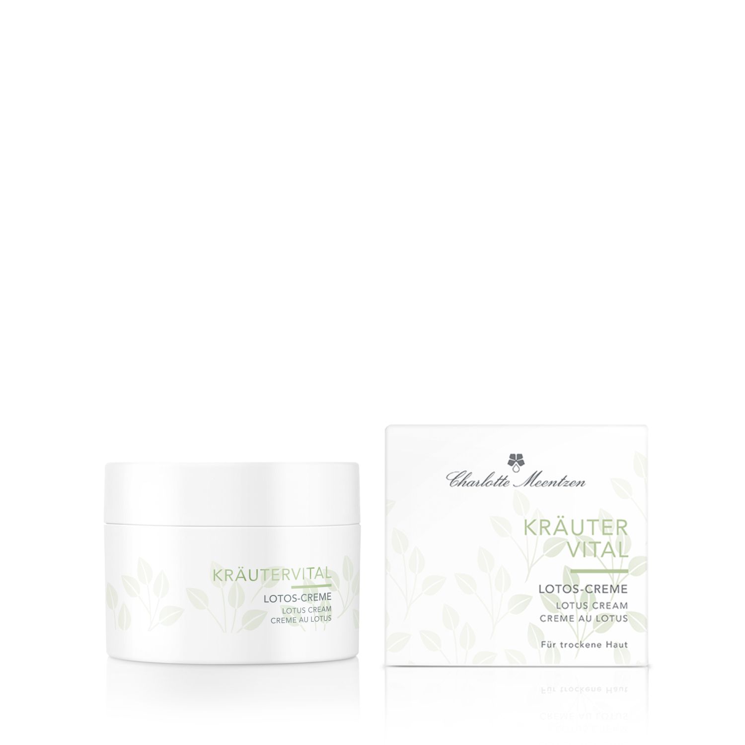 Charlotte Meentzen Kräuter Vital Lotos-Creme Tiegel und Verpackung. Für trockene Haut.
