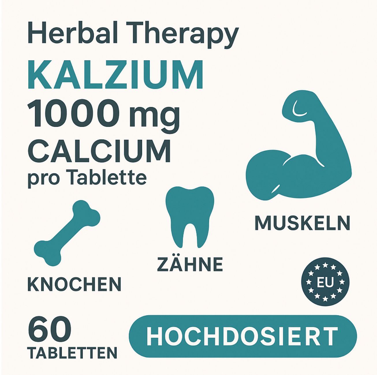 Infographie bleu-vert avec texte: Herbal Therapy, Calcium 1000 mg, Calcium par comprimé. Illustrations d'os, dents et muscles.