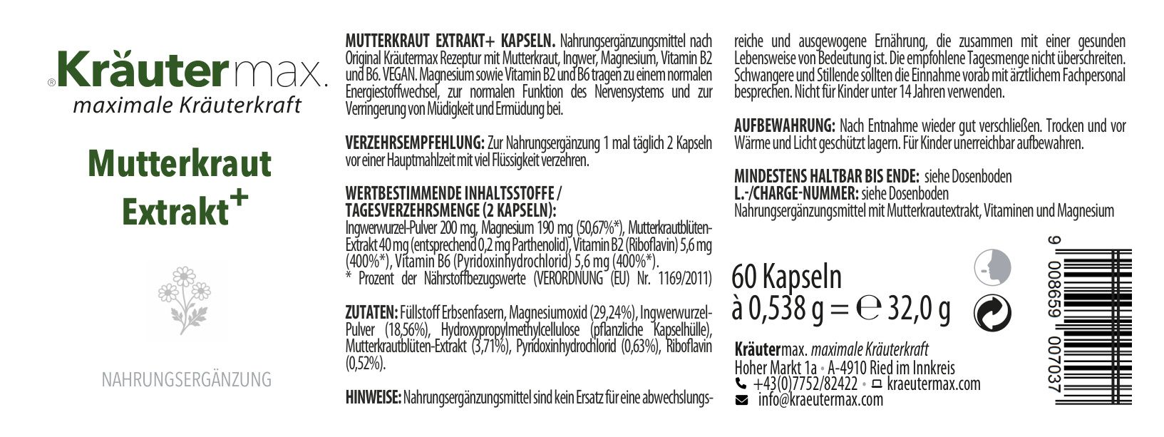 Etikett mit Produktinformationen. Aufschrift: Kräutermax, Mutterkraut Extrakt, Nahrungsergänzung. Enthält Inhaltsstoffe und Dosierungshinweise.