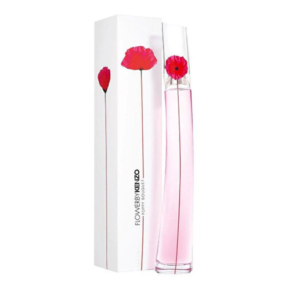 Flower by Kenzo Poppy Bouquet Eau de Parfum Flasche neben der Mohnblumen-Verpackung.