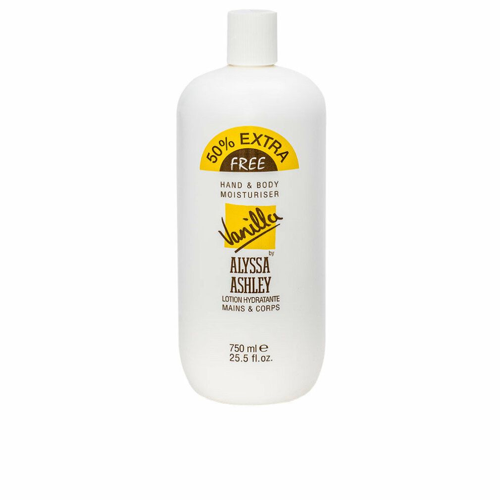Weiße Flasche mit gelbem Etikett. Aufschrift: Alyssa Ashley Vanilla Hand & Body Moisturiser. 750 ml.