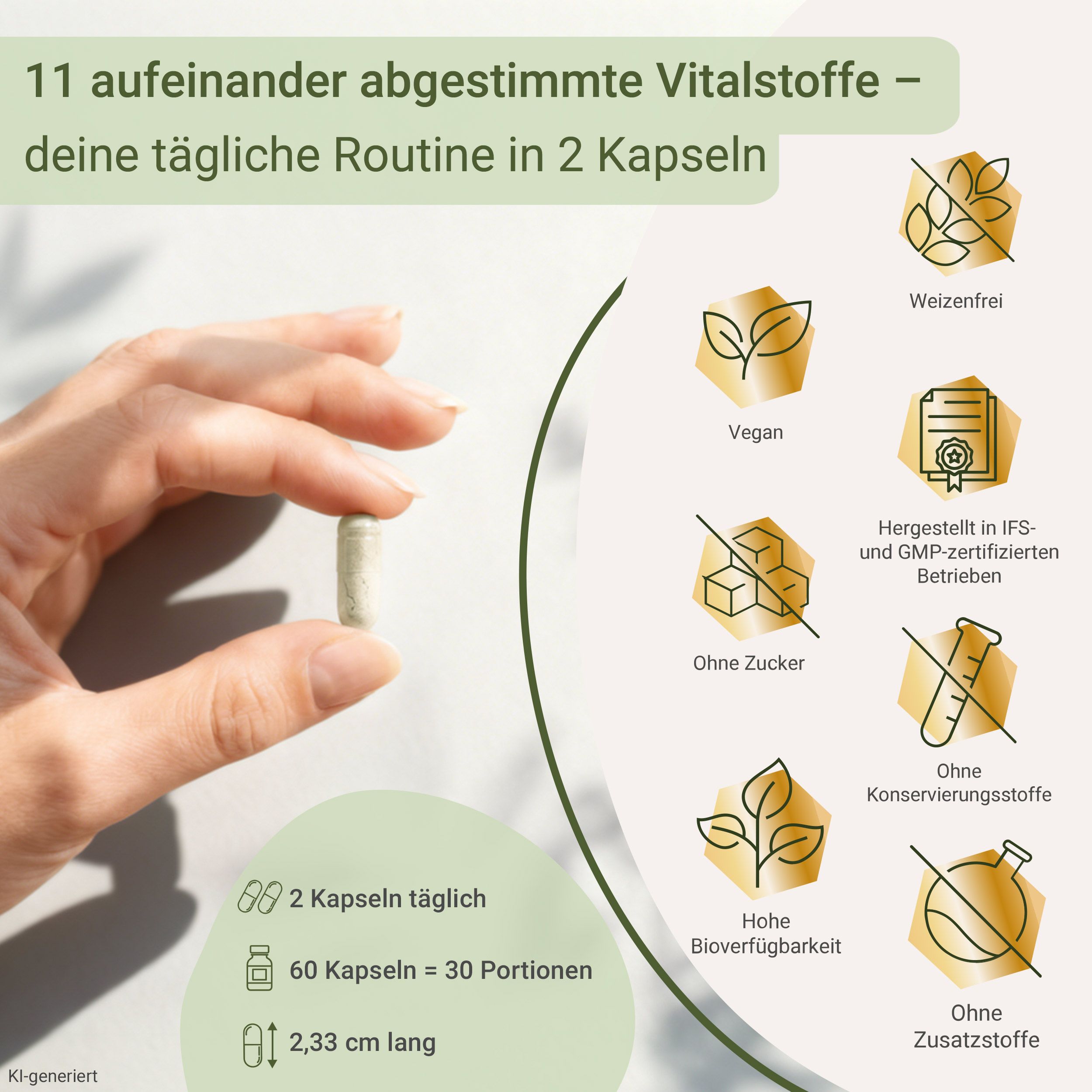 Eine Hand hält eine Kapsel. Daneben Icons: weizenfrei, vegan, ohne Zucker, hergestellt in IFS- und GMP-zertifizierten Betrieben, ohne Konservierungsstoffe, hohe Bioverfügbarkeit, ohne Zusatzstoffe. Text: 11 Vitalstoffe, 2 Kapseln täglich, 60 Kapseln = 30 Portionen, 2,33 cm lang.