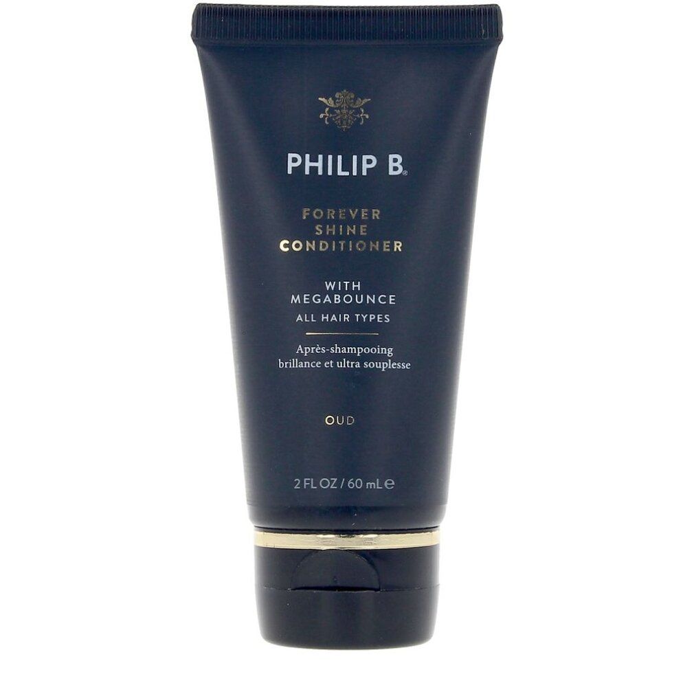 Philip B. Forever Shine Conditioner in dunkelblauer Tube mit goldenem Ring. "Oud", "Megabounce", "All Hair Types".