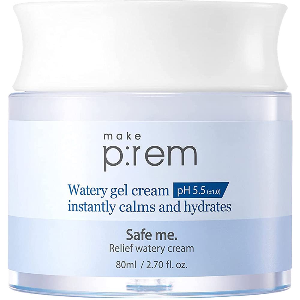 Creme-Glas mit weißem Deckel. Aufschrift: make p:rem, Watery gel cream, pH 5.5, Safe me. Relief watery cream. 80ml.