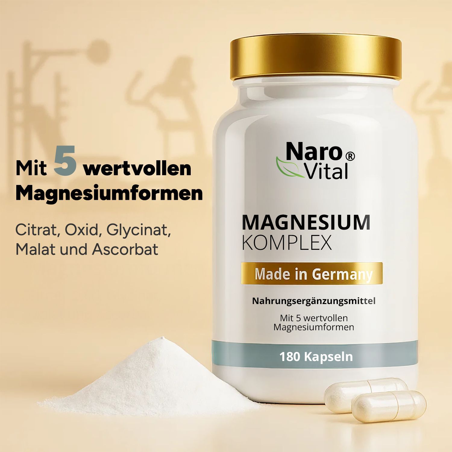 Weiße Flasche mit goldfarbenem Deckel. Aufschrift: Magnesium Komplex. 180 Kapseln. Made in Germany. Pulver und Kapseln daneben.