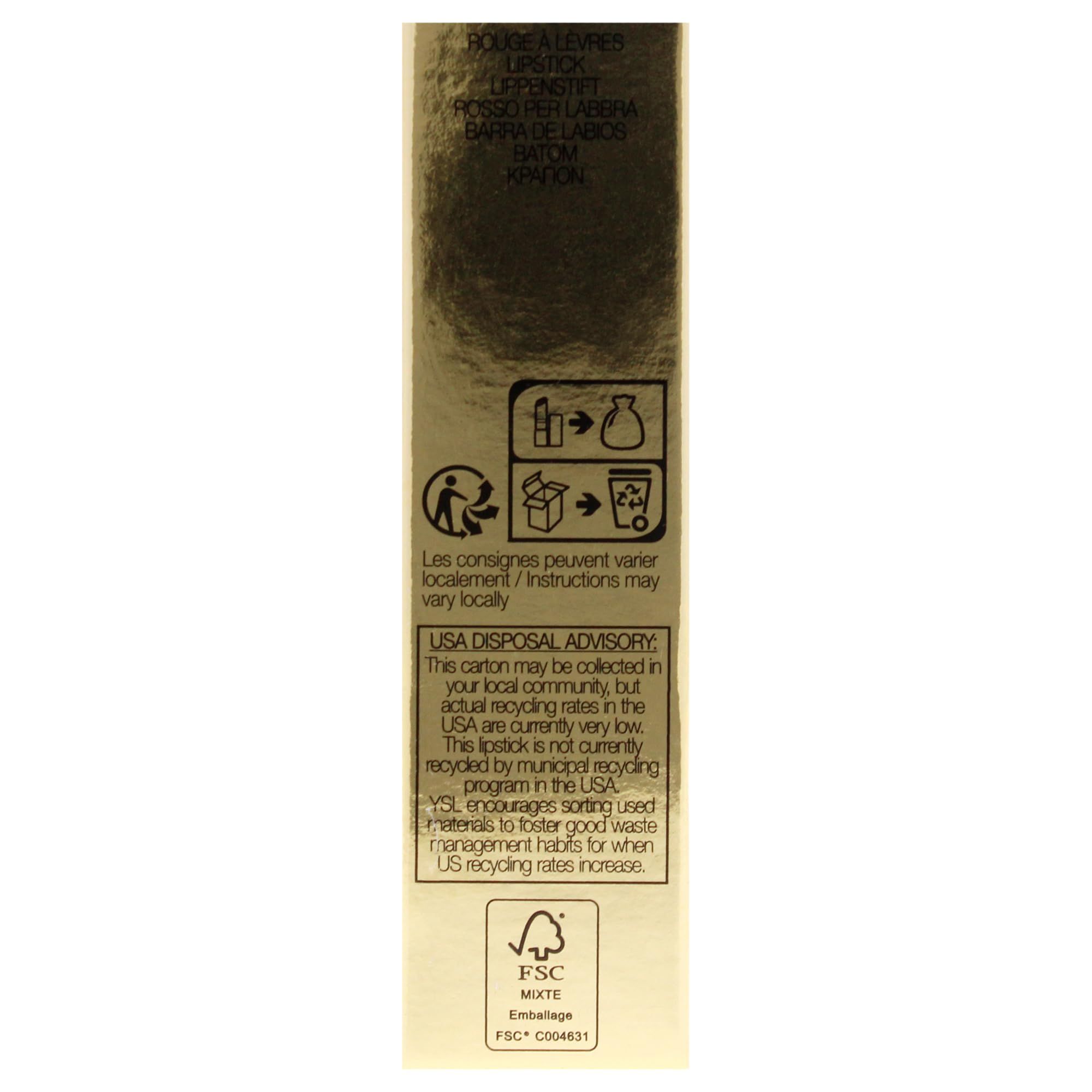 Goldene Verpackung, Rückseite mit Text, Recycling-Symbolen und FSC-Logo. Text in Englisch.