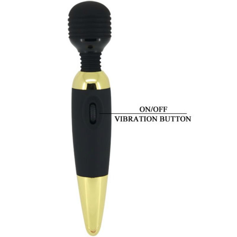 Schwarzer und goldfarbener Massagestab. Ein/Aus-Vibrationstaste. Schwarzer Kopf, goldfarbenes Mittelteil und Spitze.