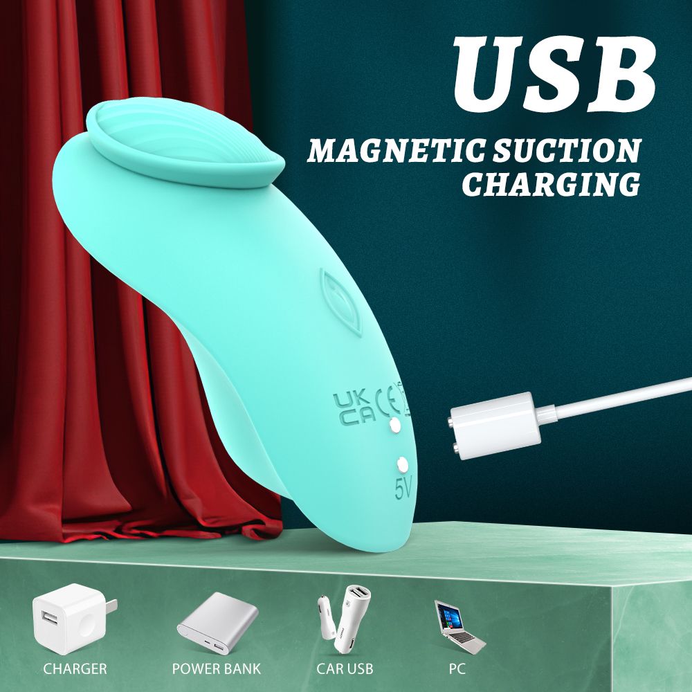 Türkisfarbenes Wellness-Produkt. USB-Ladeanschluss. Text: MAGNETIC SUCTION CHARGING.