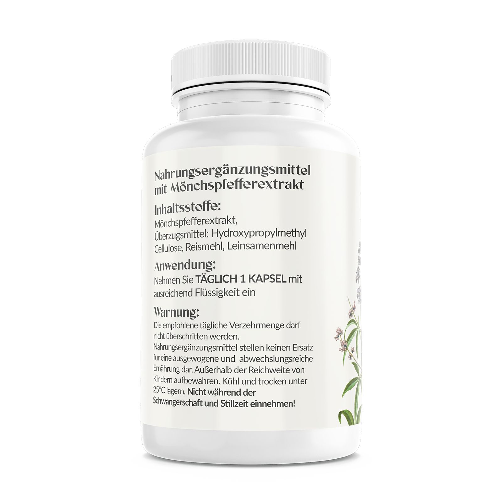 Rückseite einer weißen Flasche mit Kapseln. Text: Nahrungsergänzungsmittel mit Mönchspfefferextrakt. Inhaltsstoffe, Anwendung, Warnung. Pflanzenillustration.