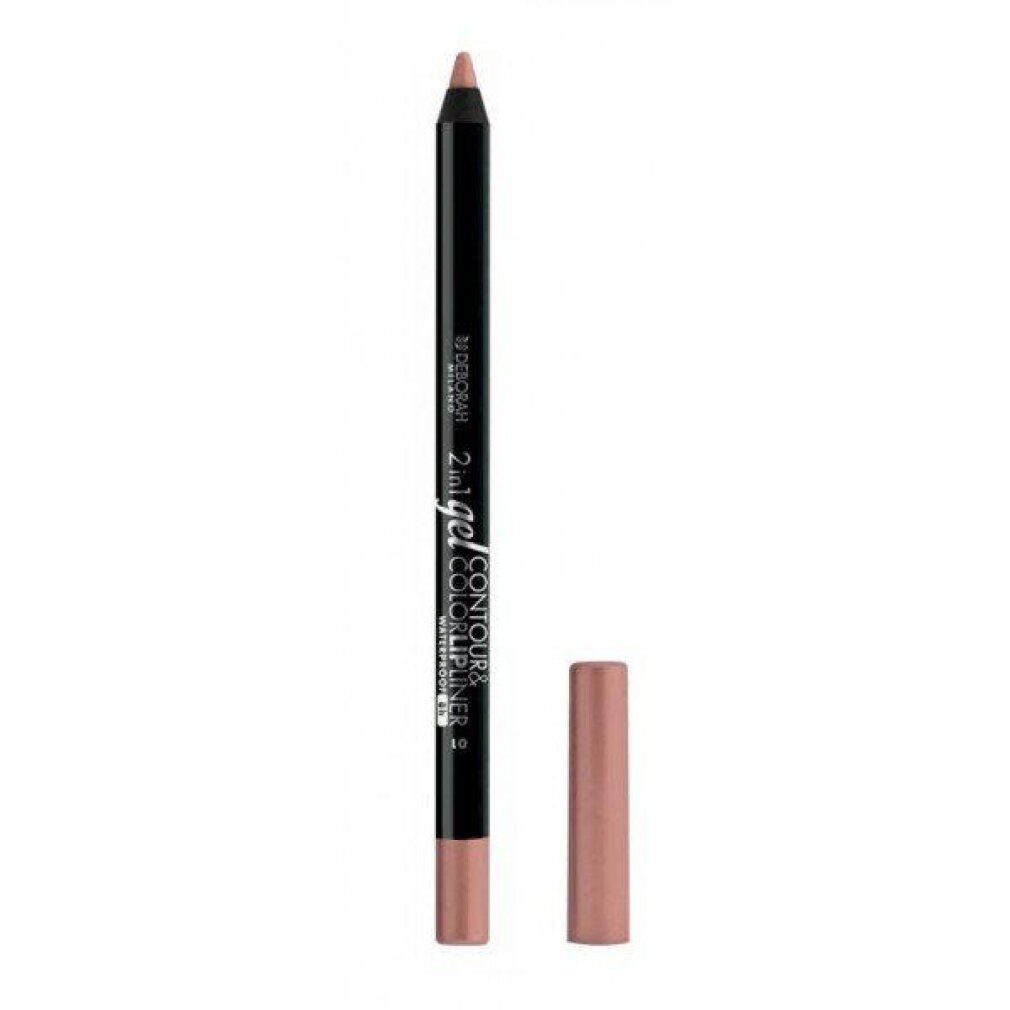 Schwarzer Lipliner-Stift mit roségoldfarbener Kappe und Spitze. Beschriftung: 2in1 Gel Contour & Color Lipliner.