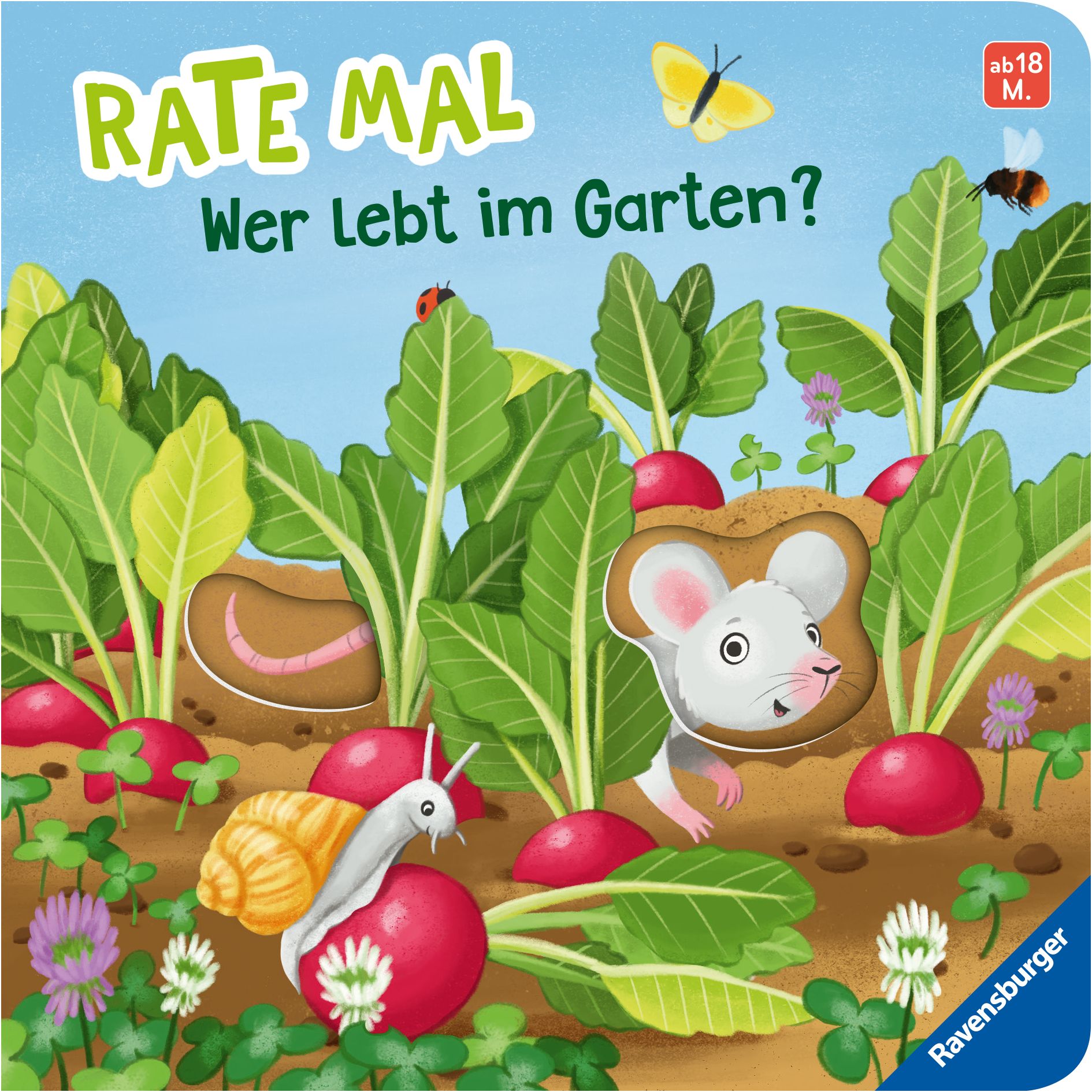 Buchcover: "Rate mal: Wer lebt im Garten?" mit Illustrationen von Gemüse, Tieren und Text.