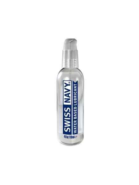 Transparente Flasche mit Spender. Aufschrift: Swiss Navy, Water Based Lubricant. 4 fl oz.