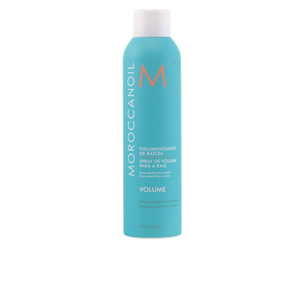 Türkisblaue Sprühflasche mit weißem Deckel. Aufschrift: Moroccanoil, Volumenizador de Raíces, Spray de Volume para a Raiz, Volume. Orangefarbenes M-Logo.