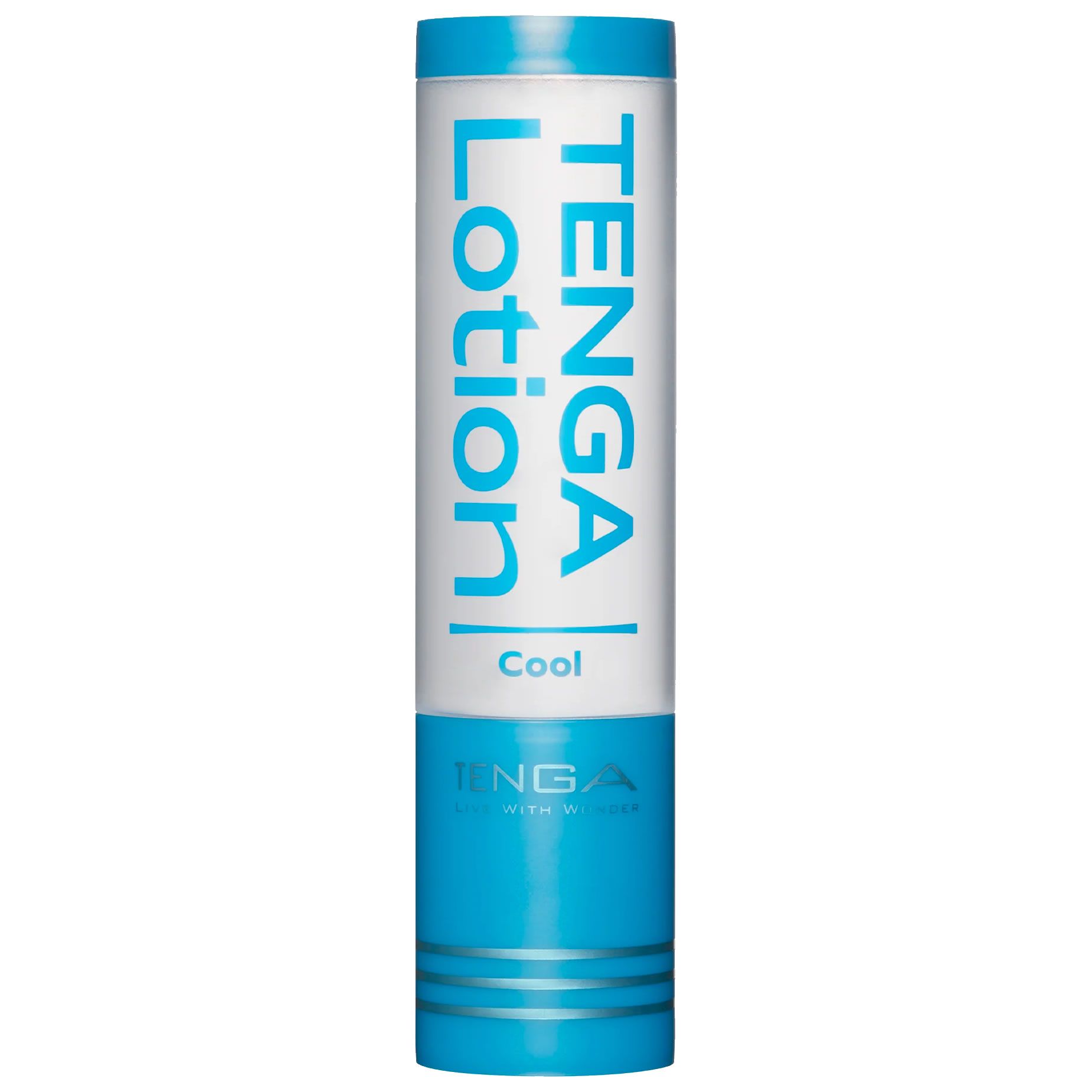 Zylindrische Flasche mit blauem Deckel und Boden. Aufschrift: TENGA Lotion Cool.