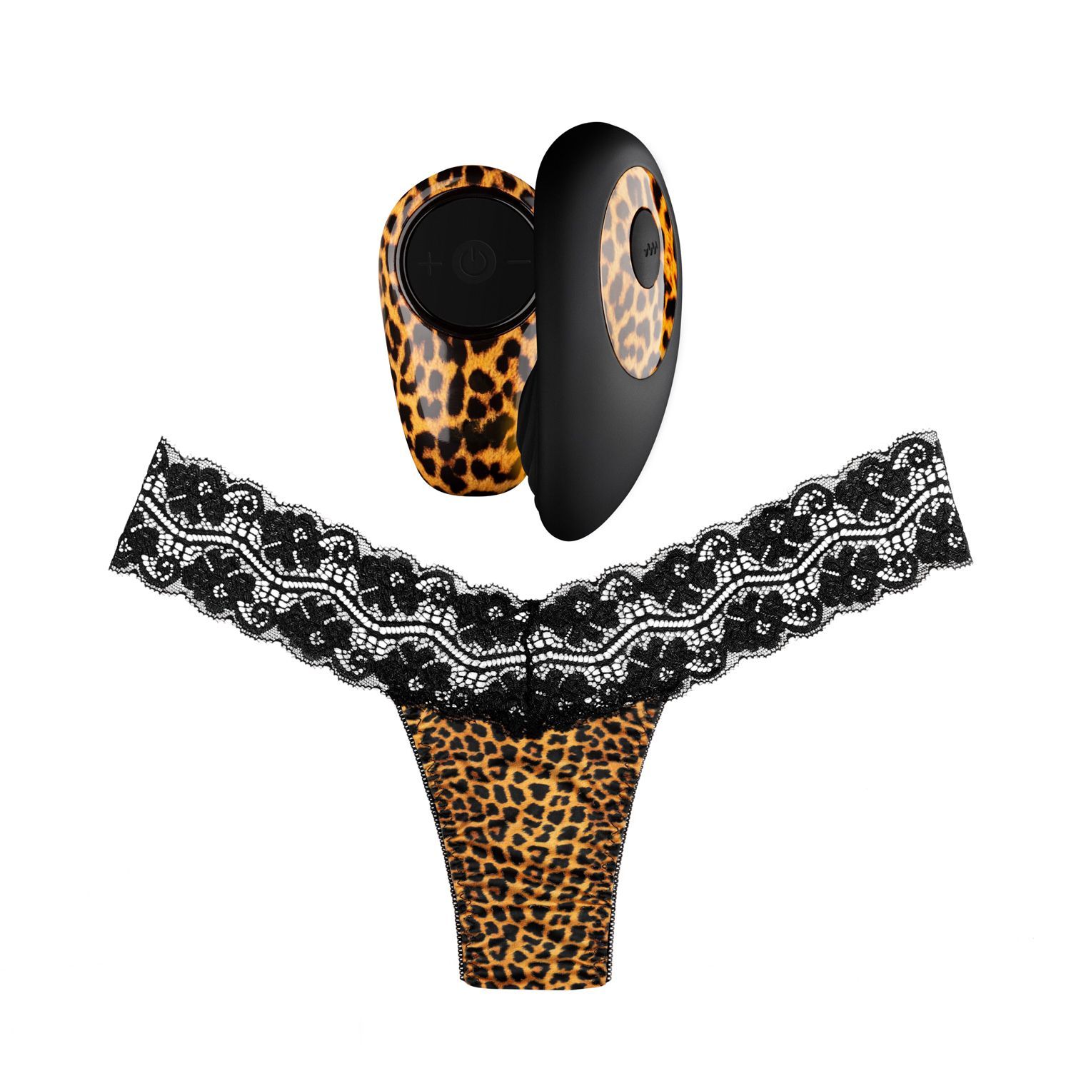 Vibrator mit Leopardenmuster und schwarzem Teil. Schwarze Spitze-Hose mit Leopardenmuster. Auf weißem Hintergrund.