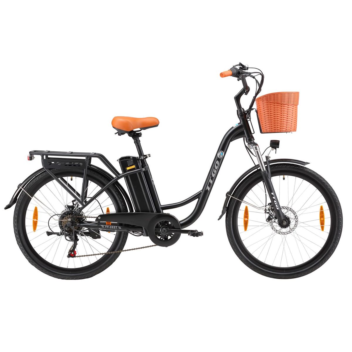 Schwarzes Elektrofahrrad mit Korb, braunem Sattel und orangefarbenen Griffen. TTGO-Logo am Rahmen.