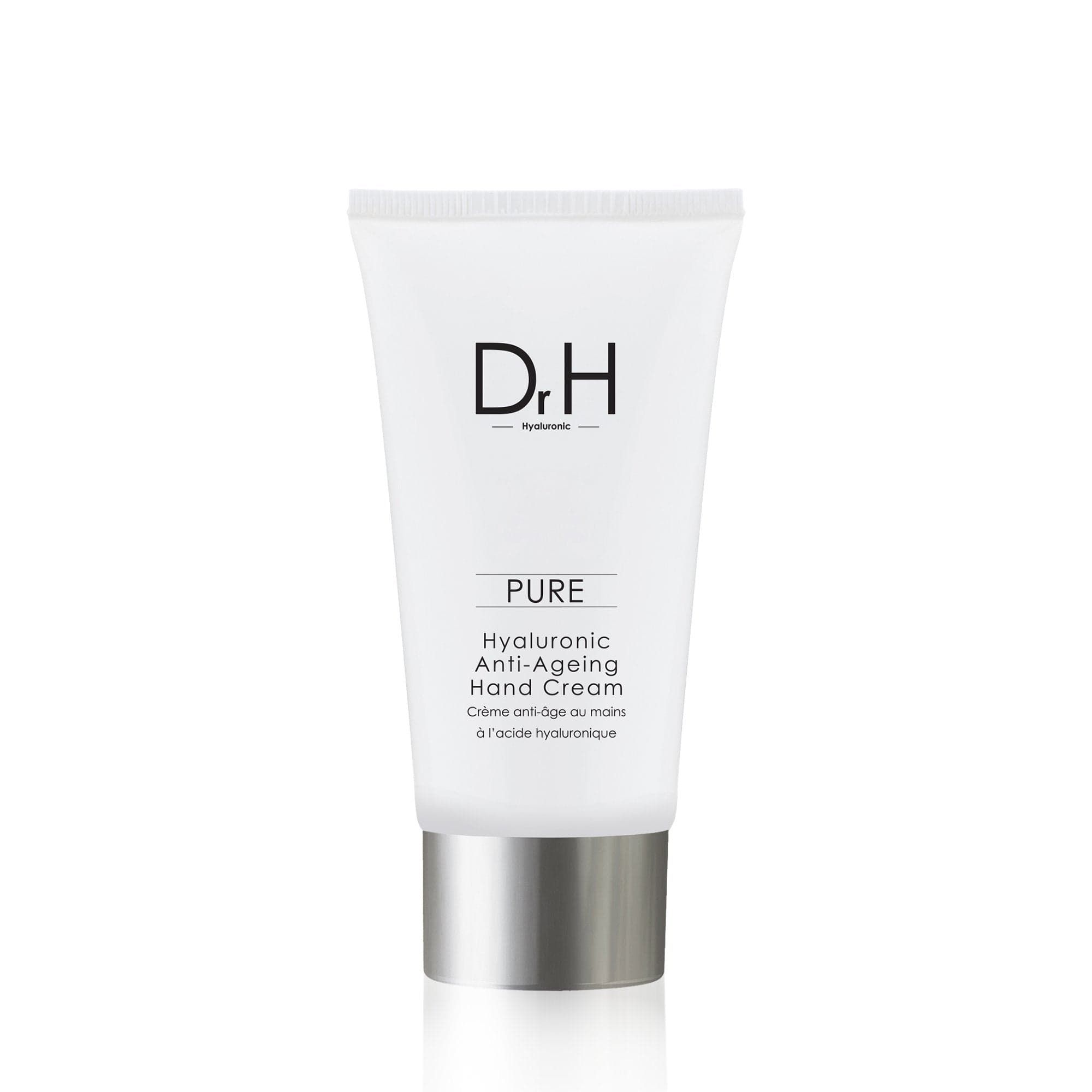 Weiße Handcreme-Tube mit silberfarbenem Verschluss. Aufschrift: Dr. H, Pure, Hyaluronic Anti-Ageing Hand Cream.