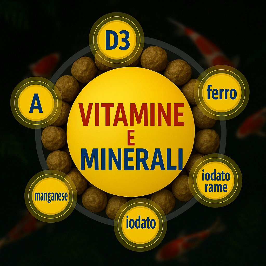 Vitamine e minerali nel mangime per pesci. Pellet rotondi, logo KI-JA-KO.