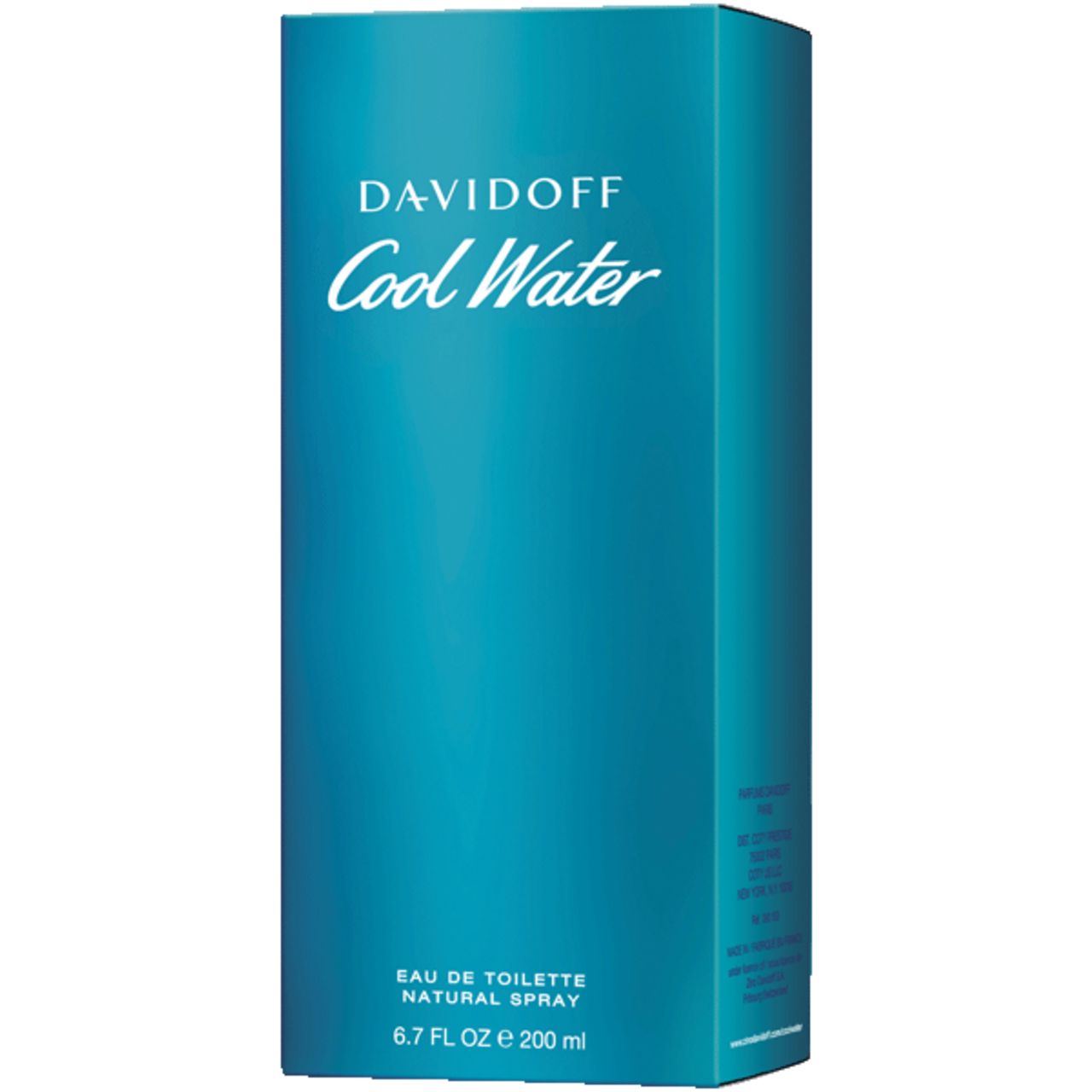 Davidoff Cool Water Verpackung. Blaue rechteckige Schachtel. Schriftzug: Davidoff Cool Water, Eau de Toilette Natural Spray.