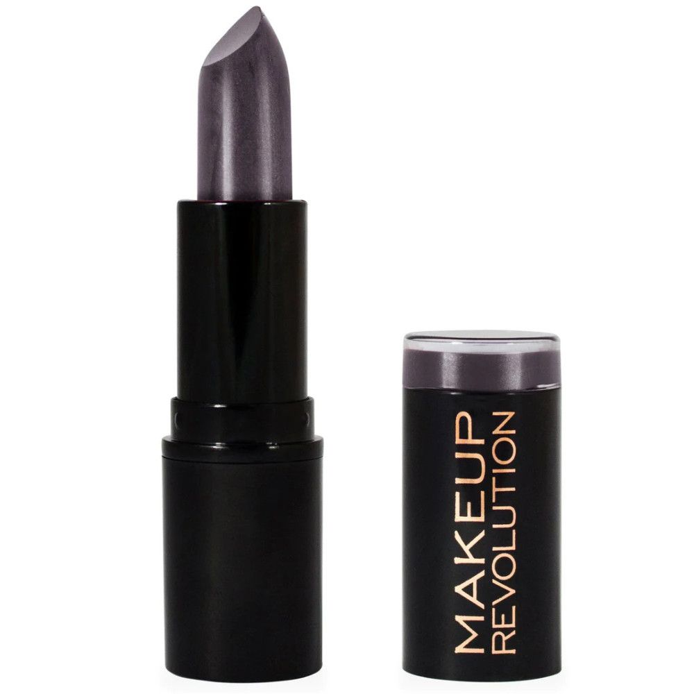 Schwarzer Lippenstift, geöffnet. Goldener Schriftzug: MAKEUP REVOLUTION. Zylindrische Form.