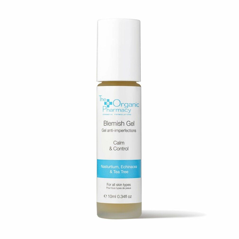 The Organic Pharmacy Blemish Gel. Roll-on-Flasche mit weißem Deckel. Blaue und weiße Etiketten mit Produktinformationen.