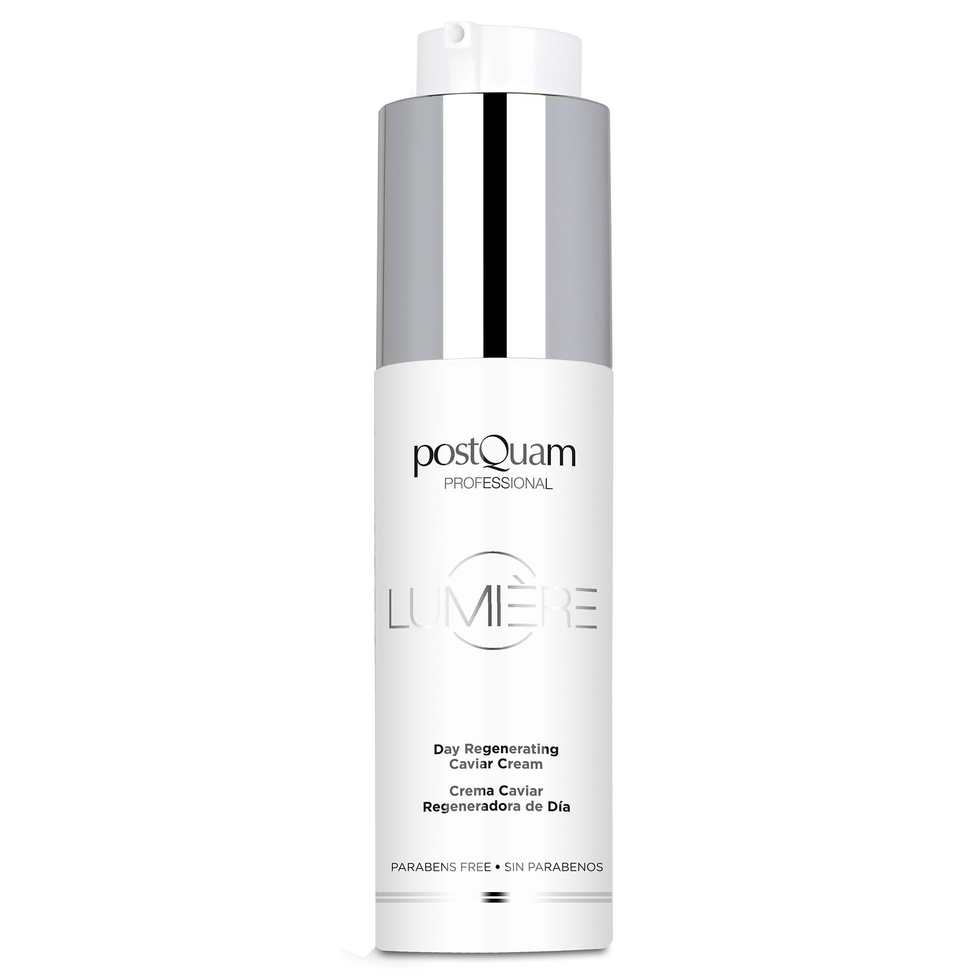 Creme-Flakon mit silbernem Deckel. Aufschrift: PostQuam Professional, Lumière, Day Regenerating Caviar Cream.