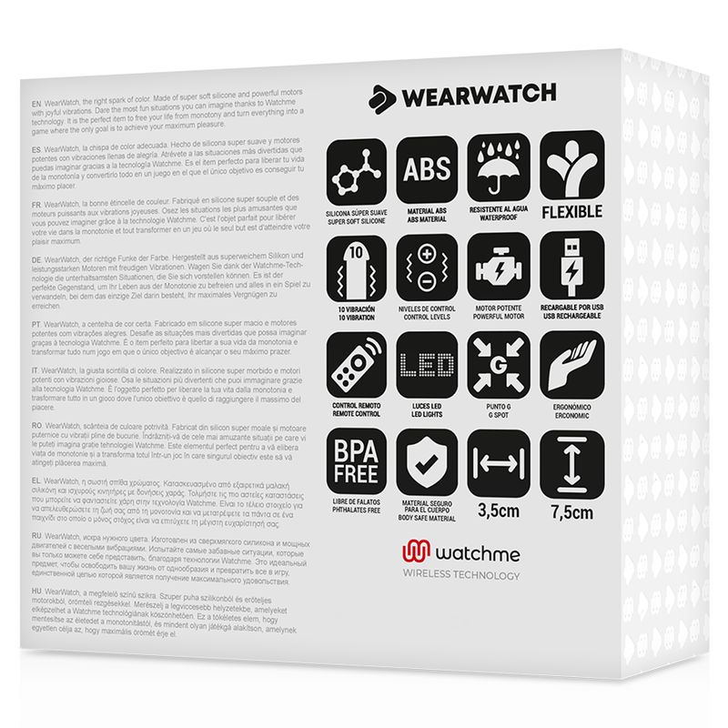 Weiße Verpackung mit Produktinformationen und Icons. Marke: Wearwatch.