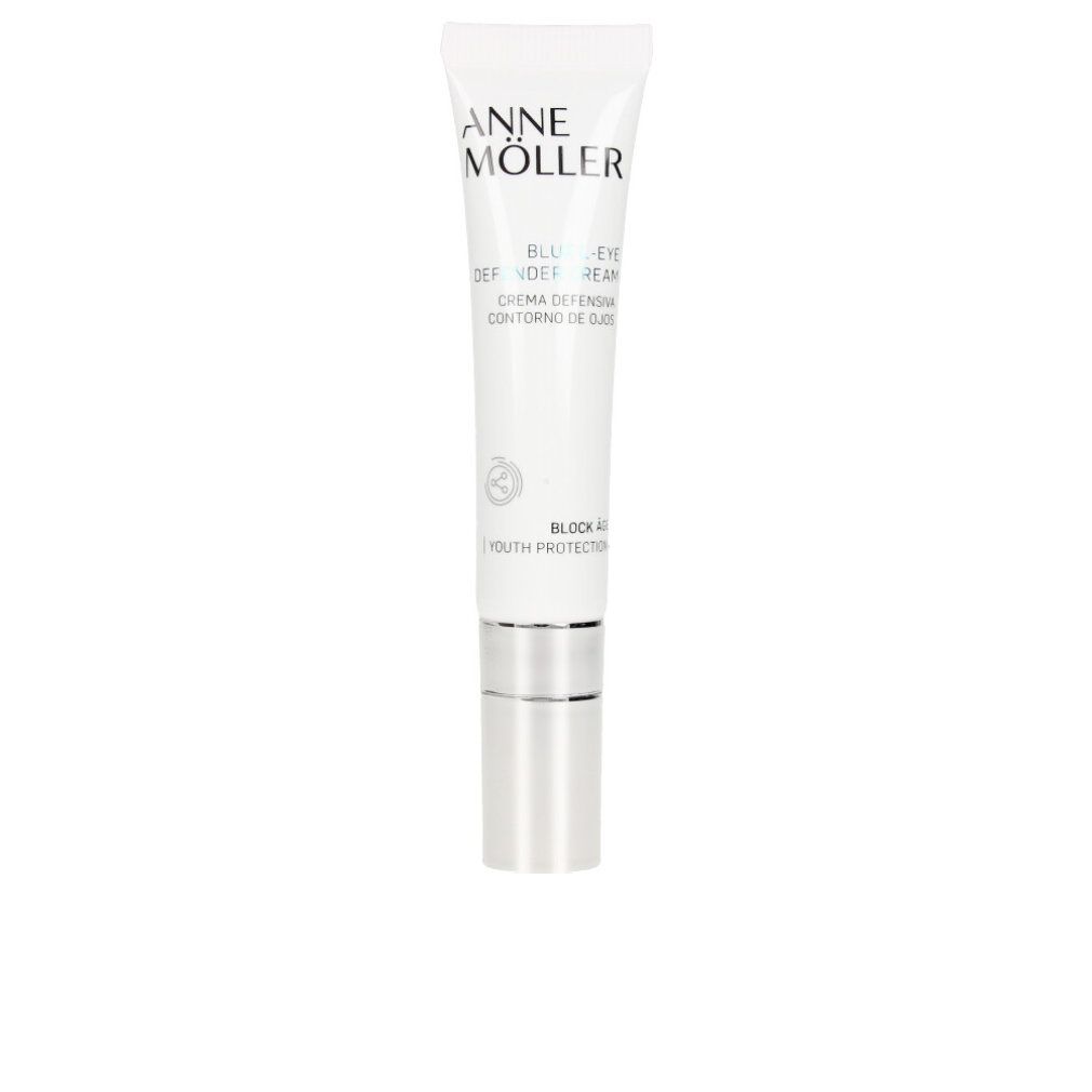 Weiße Tube mit silbernem Verschluss. Aufschrift: Anne Möller, Blue L-Eye Defender Cream. Text in Englisch und Spanisch.
