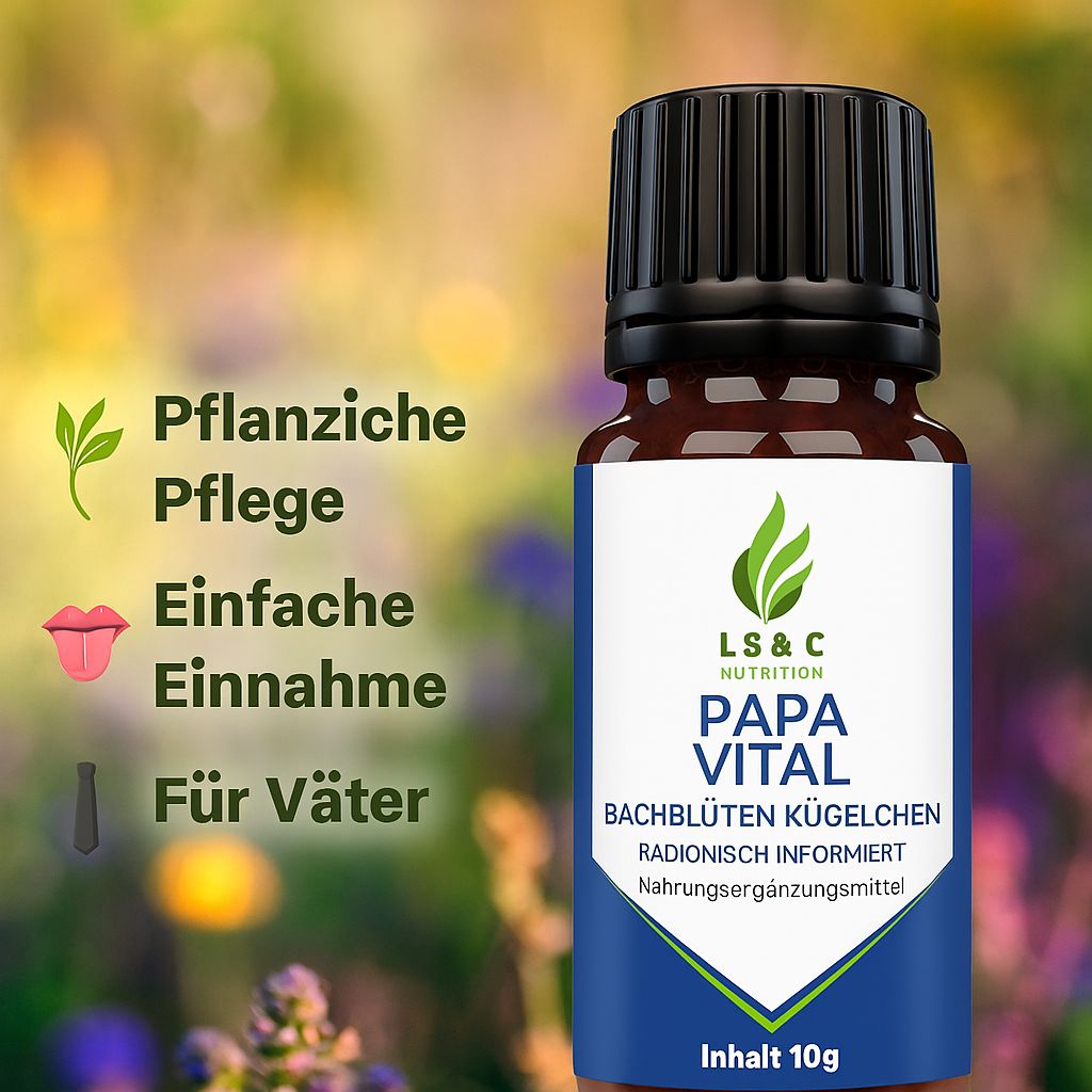 Flasche mit blauem Etikett: LS & C Nutrition, Papa Vital, Bachblüten Kügelchen, Inhalt 10g. Text: Pflanzliche Pflege, Einfache Einnahme, Für Väter.