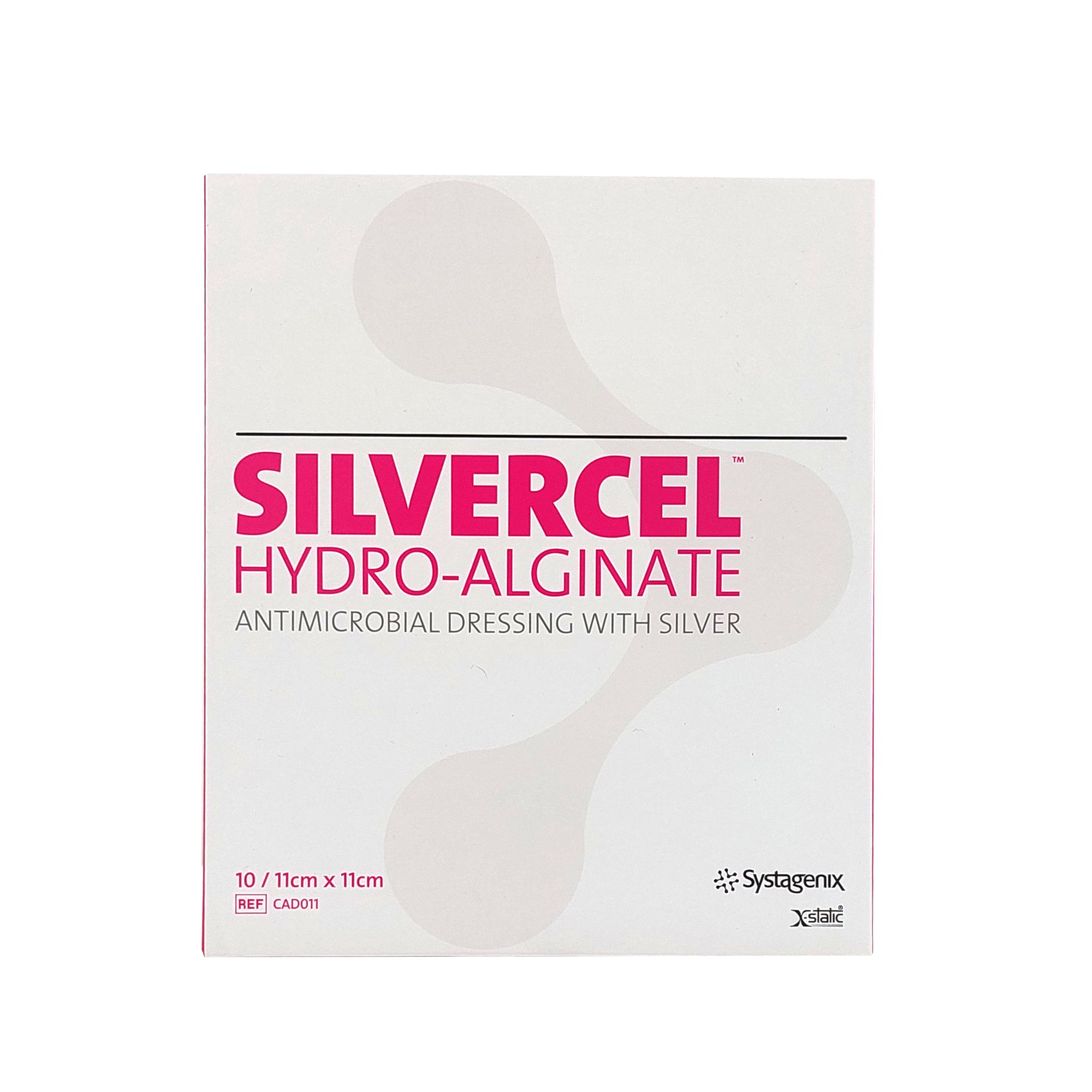 Verpackung mit SILVERCEL HYDRO-ALGINATE, antimikrobiellem Verband mit Silber. Größe: 11x11 cm. Hersteller: Systagenix.
